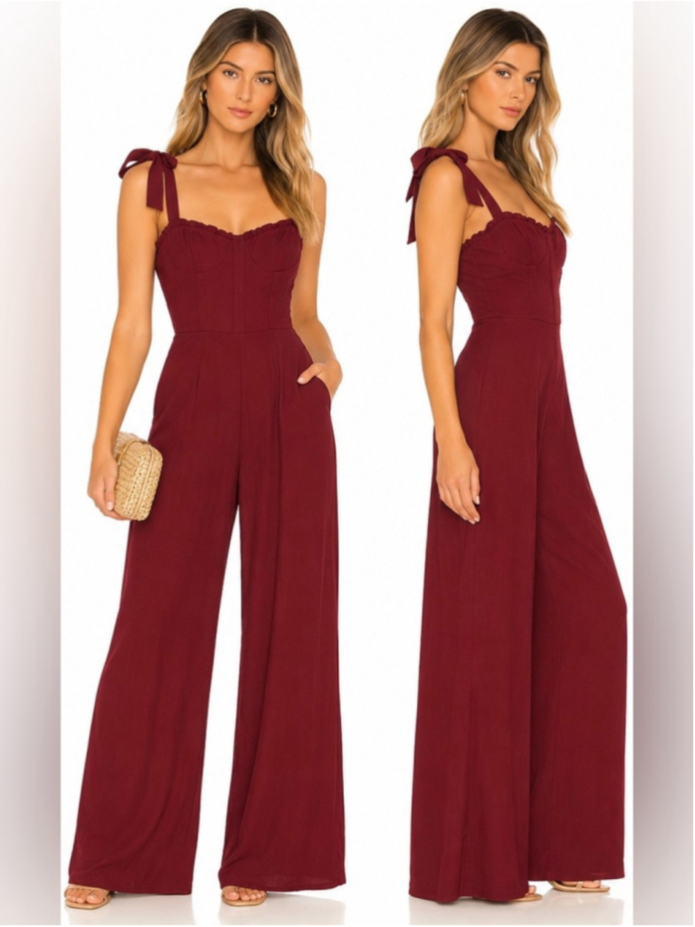 Reformation Burgundy Wide Leg Jumpsuit Size 12 Tie Strap Corset Bustier